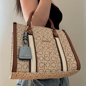 Calvin Klein Beige Monogram Tote with Brown & White Trim